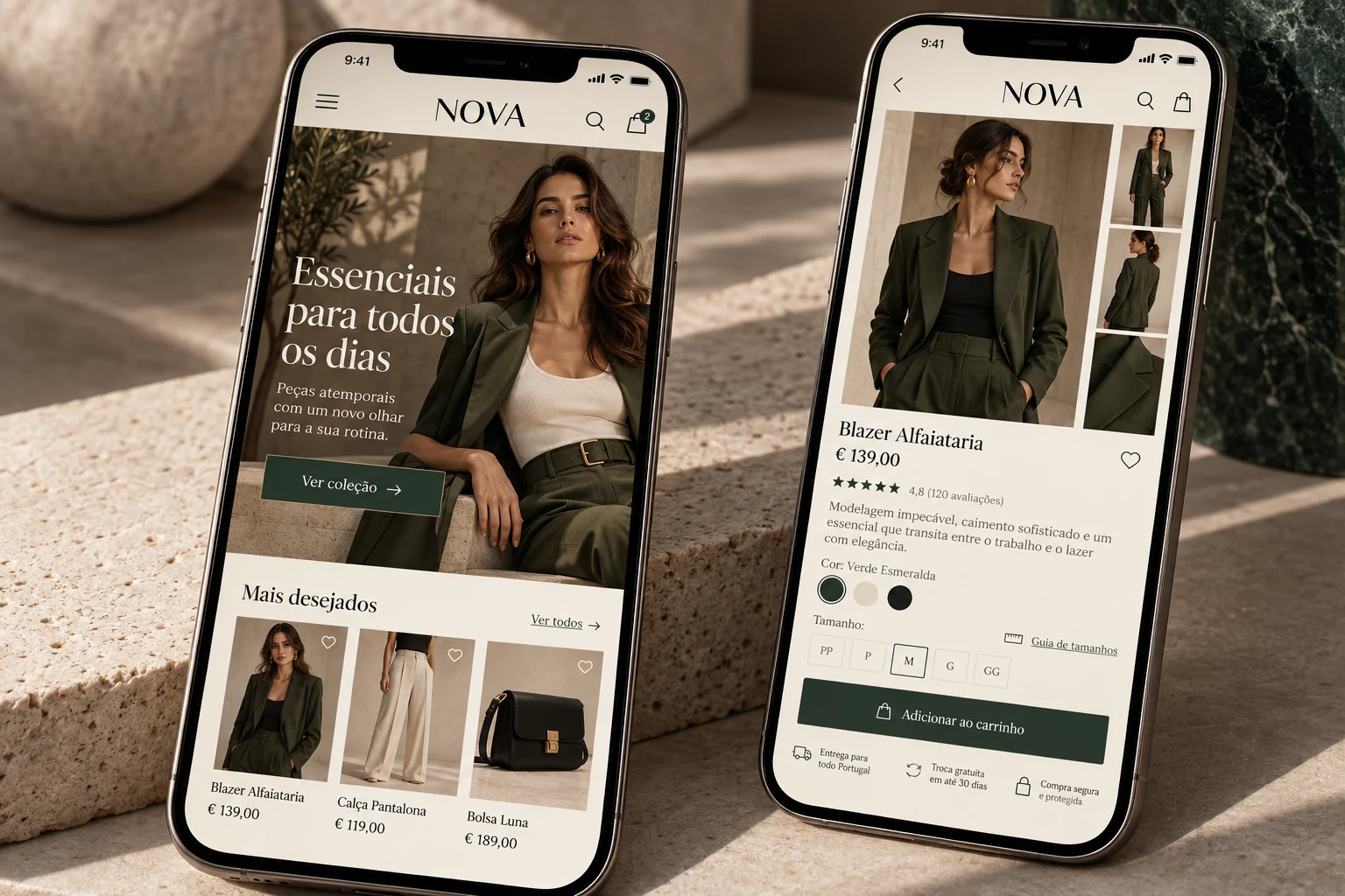 Estudo visual de loja de moda responsiva em dois celulares