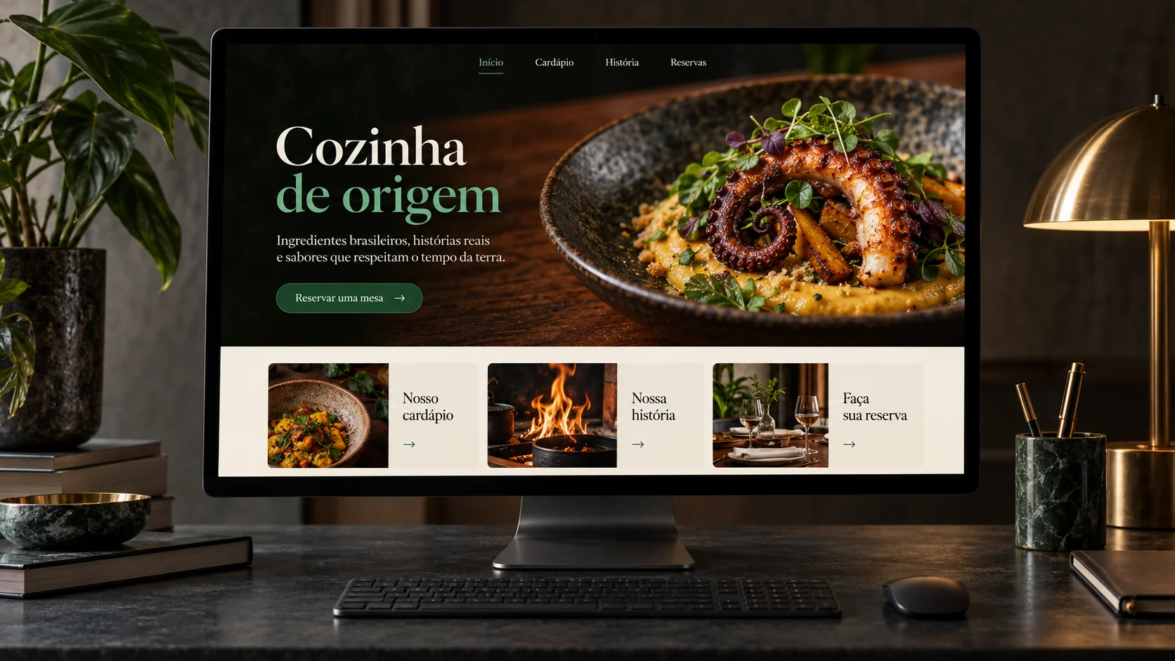 Estudo visual de site para restaurante exibido em monitor